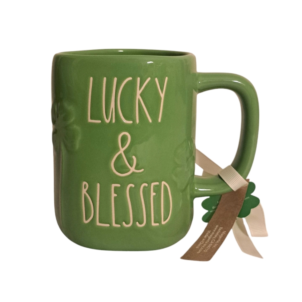 Rae Dunn Lucky & Blessed 4 Leaf Cover Mug